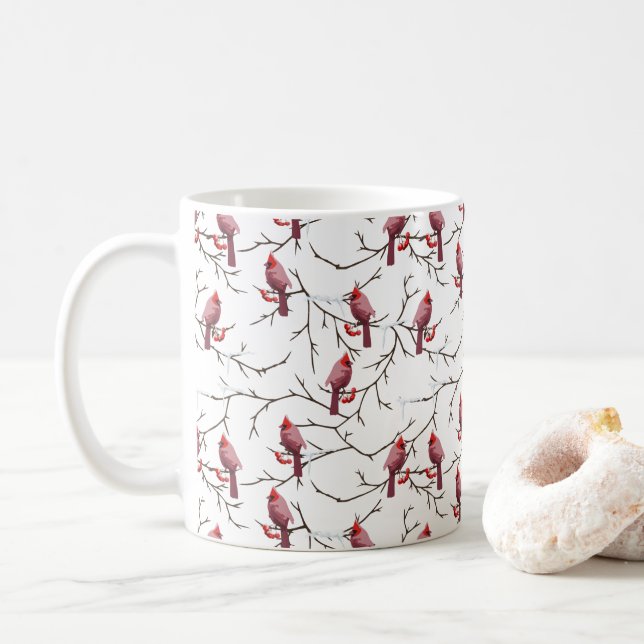 Cardinal Birds, Winter Cherries and Snow Pattern Coffee Mug (With Donut)