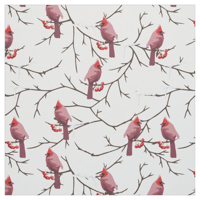 Cardinal Birds, Winter Cherries and Snow Pattern Fabric (Swatch)