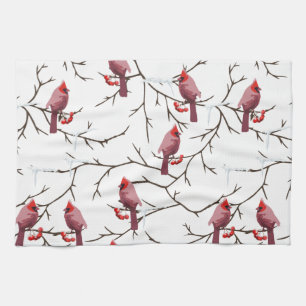 Cardinal Birds, Winter Cherries and Snow Pattern Kitchen Towel