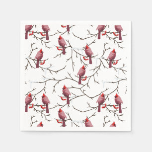 Cardinal Birds, Winter Cherries and Snow Pattern Napkin