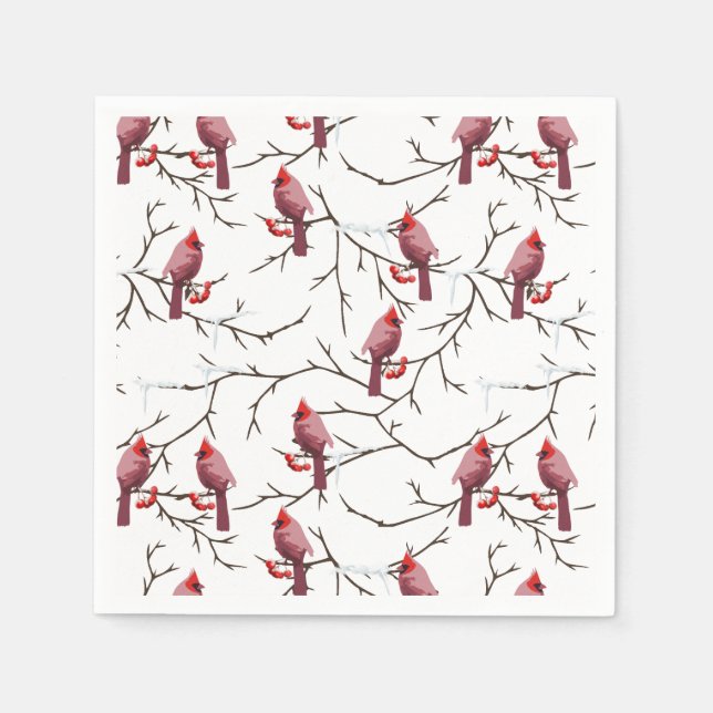Cardinal Birds, Winter Cherries and Snow Pattern Napkin (Front)