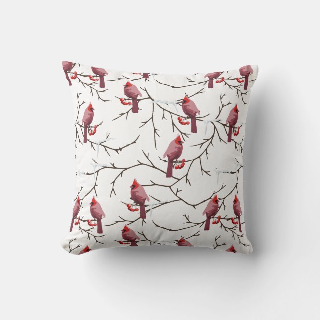 Cardinal Birds, Winter Cherries and Snow Pattern Throw Pillow (Front)