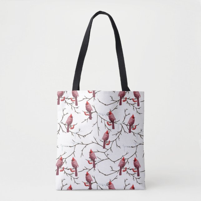 Cardinal Birds, Winter Cherries and Snow Pattern Tote Bag (Front)