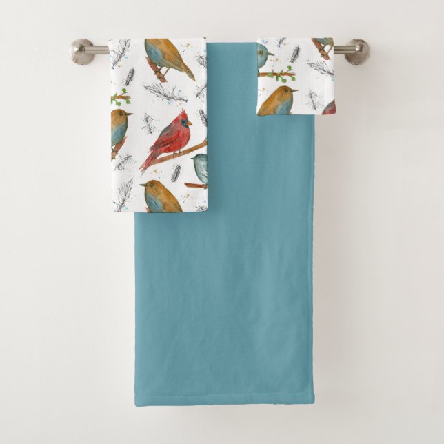 Cardinal Bluebird Chickadee Birds Blue Bath Towel Set (Insitu)