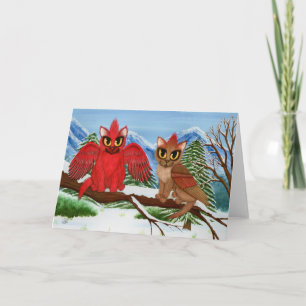 Cardinal Cats Winter Birds Fantasy Cat Art Card