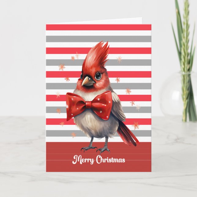 Cardinal Christmas Card Red and White Stripes (Front)