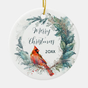 Cardinal Dated Holly Greenery Wreath Frame Ceramic Ornament