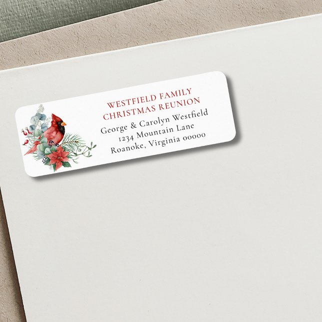 Cardinal de la Réunion de Noël Adresse de retour (Christmas Family Reunion Red Cardinal Party Invitation Return Address Label)