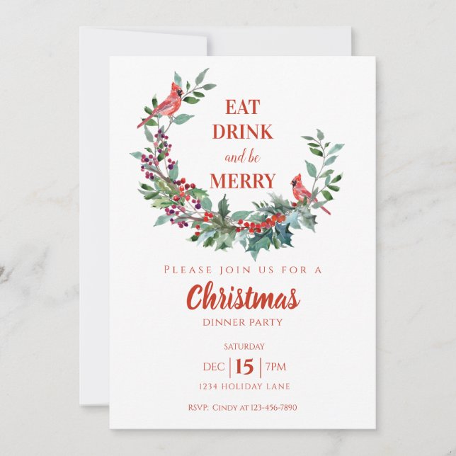 Cardinal Floral Holly Christmas Dinner Party Invitation (Front)