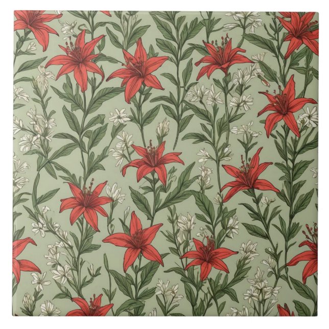 Cardinal flowers and leaves pattern tile (Front)
