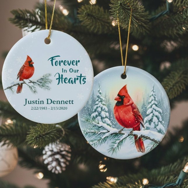 Cardinal Forever In Our Hearts Custom Christmas  Ceramic Ornament (Cardinal Forever In Our Hearts Christmas Ornament)