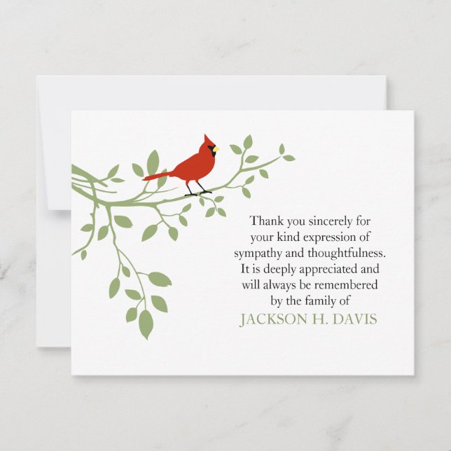 Cardinal Funeral Thank You Note Card Red Bird | Zazzle