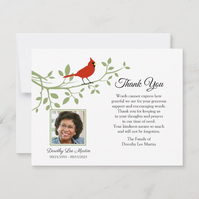 Cardinal Funeral Thank You Photo Note Card (Front)