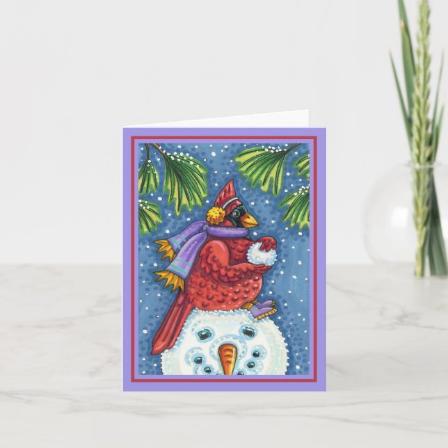 CARDINAL GUARDING SNOWMAN, CHRISTMAS REDBIRD Blank Card (Front)