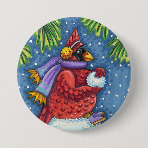 CARDINAL GUARDING SNOWMAN, CUTE CHRISTMAS REDBIRD 3 INCH ROUND BUTTON