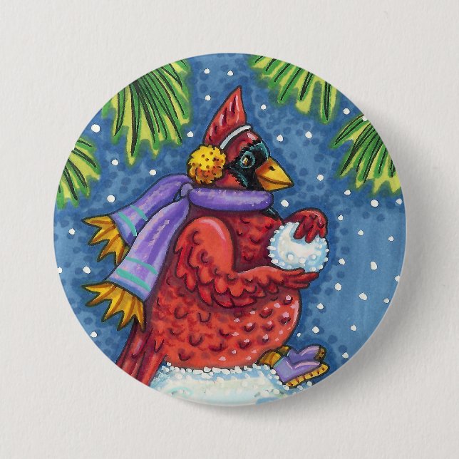 CARDINAL GUARDING SNOWMAN, CUTE CHRISTMAS REDBIRD 3 INCH ROUND BUTTON (Front)