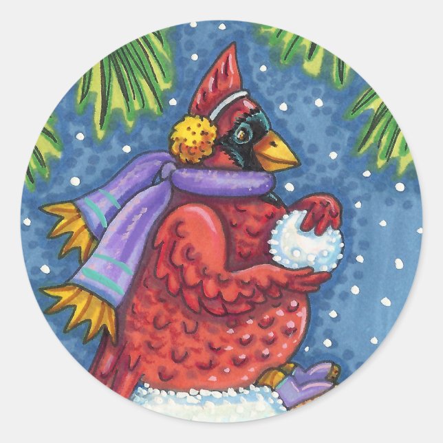CARDINAL GUARDING SNOWMAN, CUTE CHRISTMAS REDBIRD CLASSIC ROUND STICKER (Front)