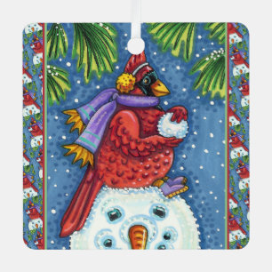 CARDINAL GUARDING SNOWMAN, CUTE CHRISTMAS REDBIRD METAL ORNAMENT