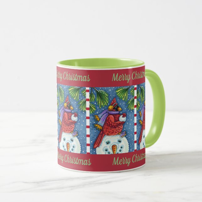 CARDINAL GUARDING SNOWMAN, CUTE CHRISTMAS REDBIRD MUG (Front Right)