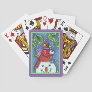 CARDINAL GUARDING SNOWMAN, CUTE CHRISTMAS REDBIRD PLAYING CARDS