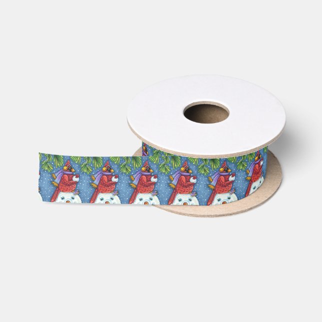 CARDINAL GUARDING SNOWMAN, CUTE CHRISTMAS REDBIRD SATIN RIBBON (Spool)