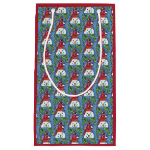 CARDINAL GUARDING SNOWMAN, CUTE CHRISTMAS REDBIRD SMALL GIFT BAG