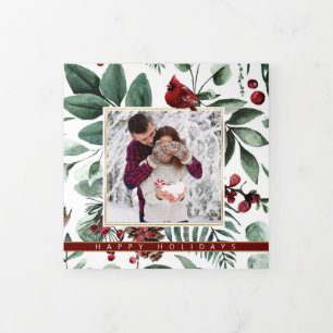 Cardinal Holly Berries Seven Photo Watercolor Tri-Fold Holiday Card