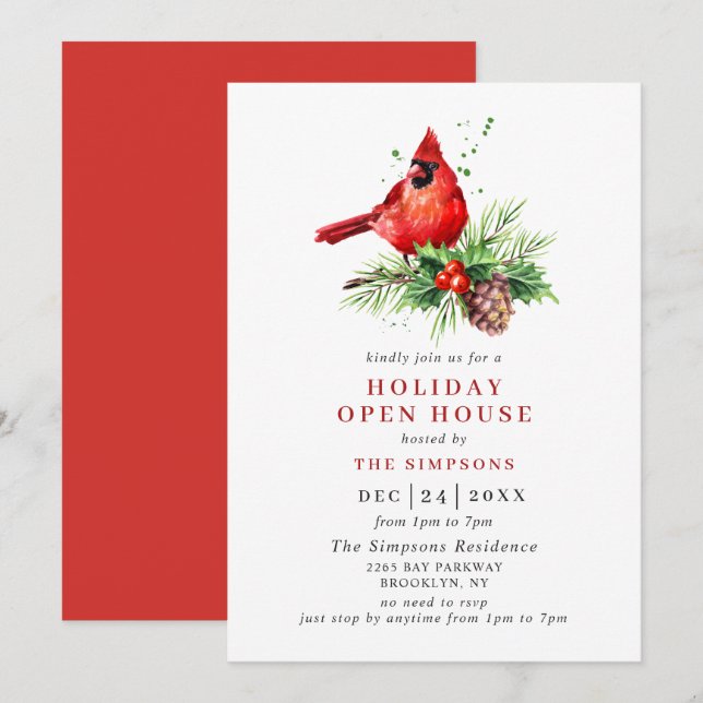 Cardinal Holly Berry Holiday Christmas Open House Invitation (Front/Back)