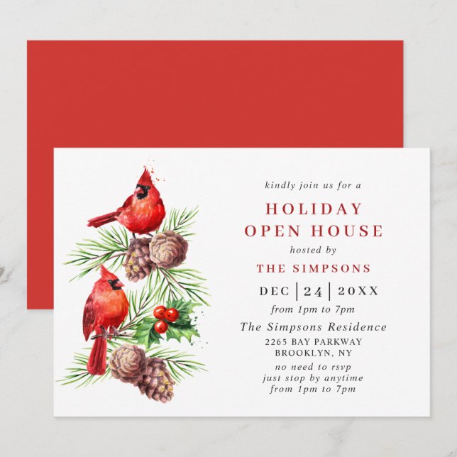Cardinal Holly Berry Holiday Christmas Open House Invitation (Front/Back)