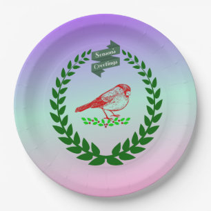 Cardinal Holly Wreath Seasons Gradient Glow Paper Plate