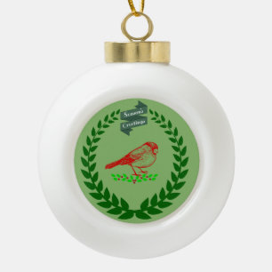 Cardinal Holly Wreath Seasons Greetings Sphere Ceramic Ball Christmas Ornament