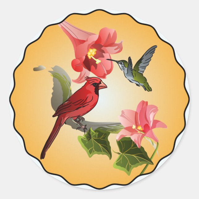 Cardinal & Hummingbird with Pink Lilies Round Classic Round Sticker (Front)
