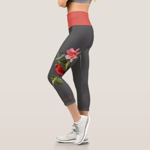 Cardinal Hummingbird with Pink Lily Personalized Capri Leggings