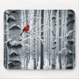 Cardinal In a Birch Tree Forest Mouse Pad