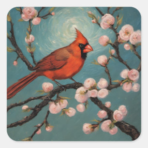 Cardinal in a blooming almond tree square sticker