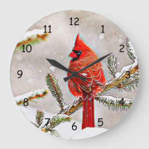 Cardinal in a pine tree in winter large clock