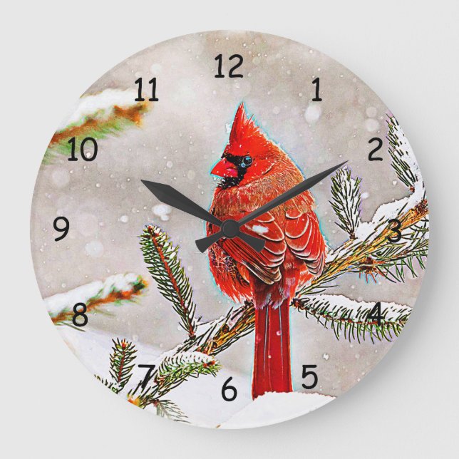 Cardinal in a pine tree in winter large clock (Front)