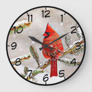 Cardinal in a pine tree in winter large clock