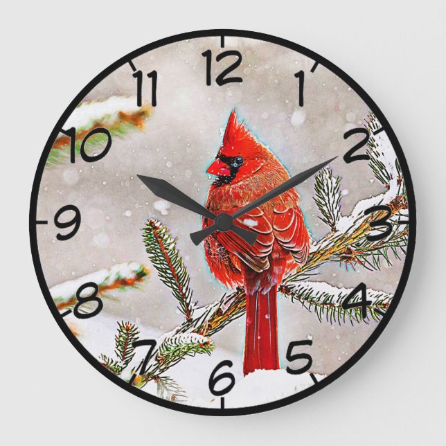Cardinal in a pine tree in winter large clock (Front)