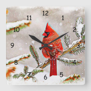 Cardinal in a pine tree in winter square wall clock