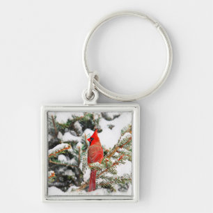 Cardinal in a pine tree keychain