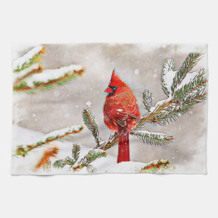 Cardinal in a pine tree kitchen towel
