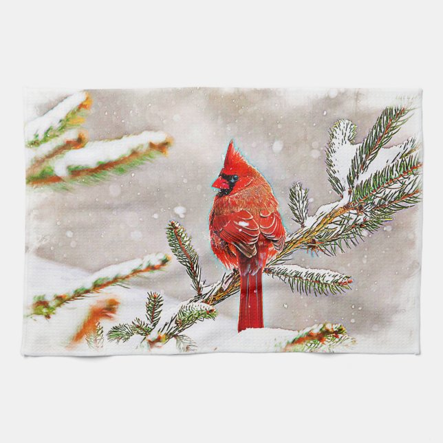 Cardinal in a pine tree kitchen towel (Horizontal)