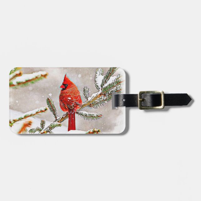 Cardinal in a pine tree luggage tag (Front Horizontal)