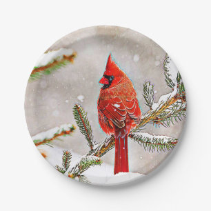 Cardinal in a pine tree paper plate