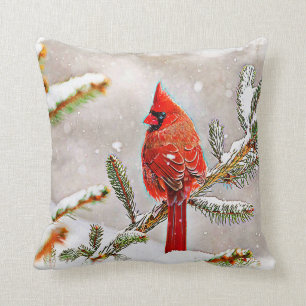 Cardinal in a pine tree throw pillow