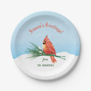 Cardinal In The Snow Christmas Holiday Paper Plate