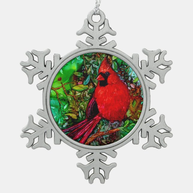 Cardinal In the Tree Snowflake Pewter Christmas Ornament (Front)