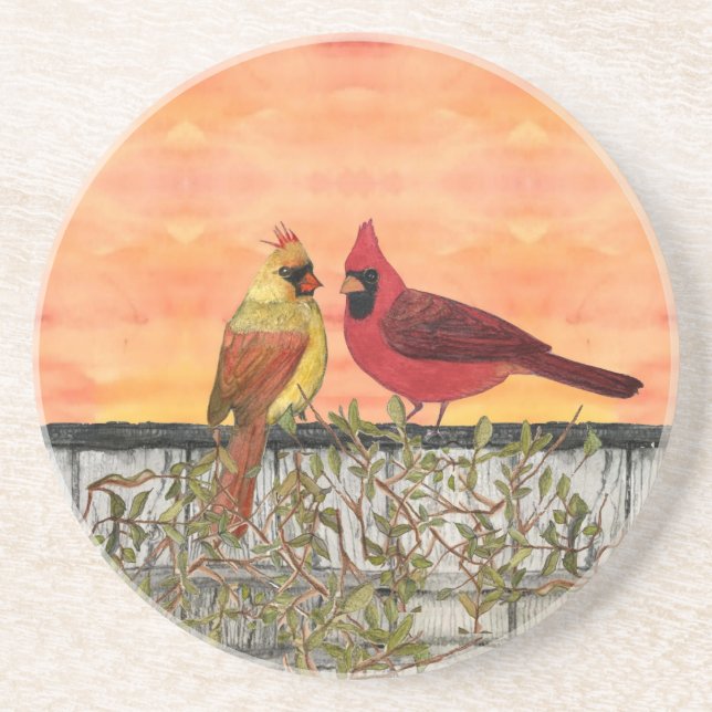 Cardinal Lovebirds Sandstone Coaster (Front)