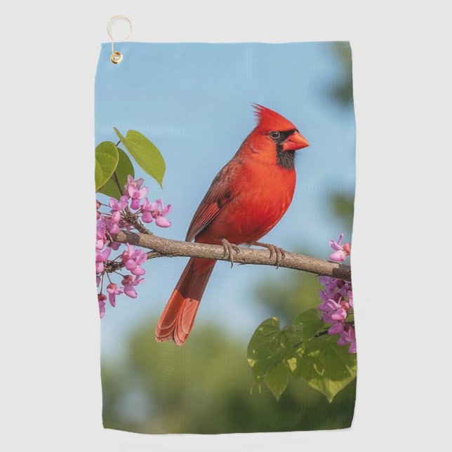 Cardinal on a Redbud Branch Golf Towel (Front)